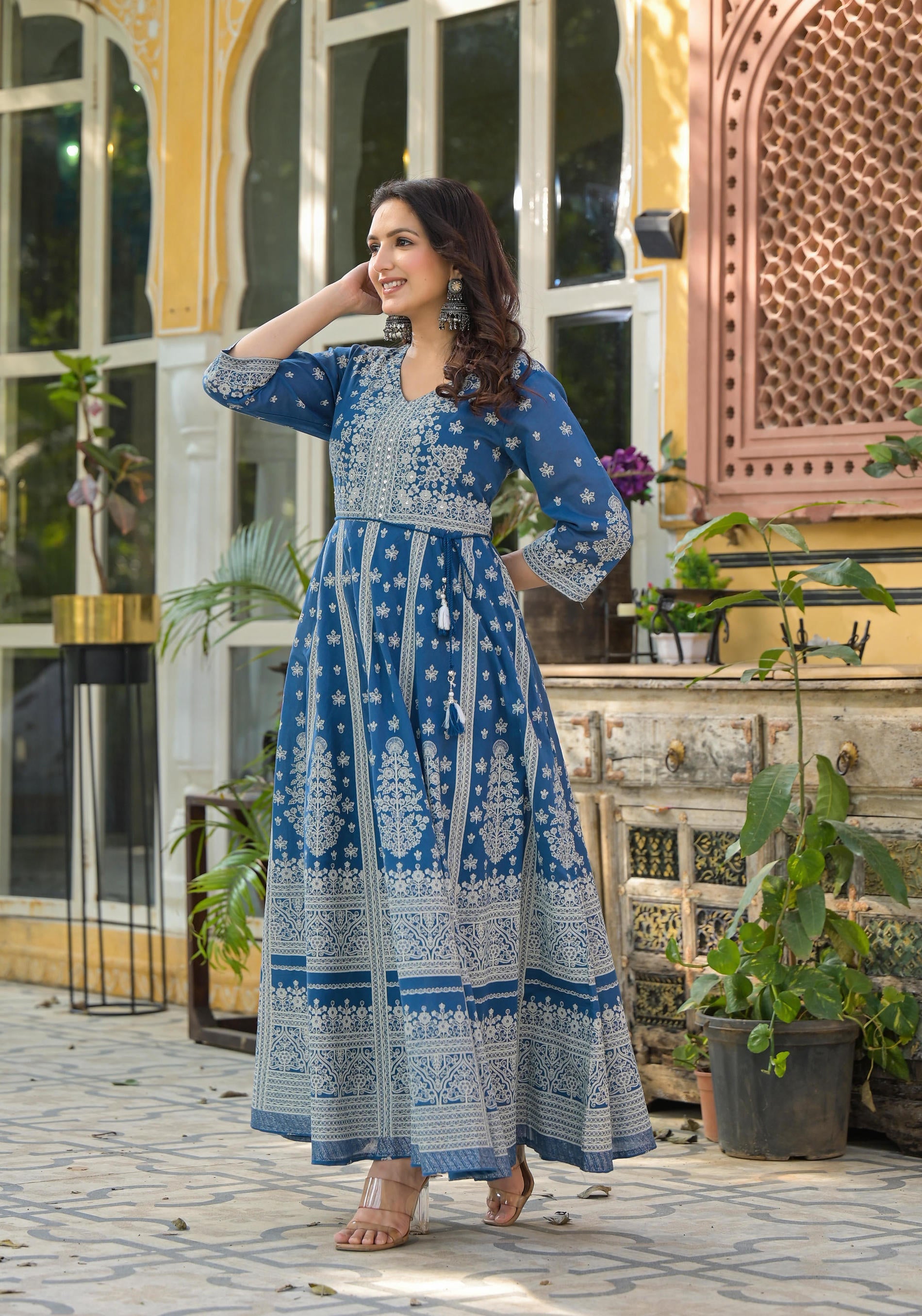 Juniper Indigo Ethnic Motif Printed Cotton Long Dress
