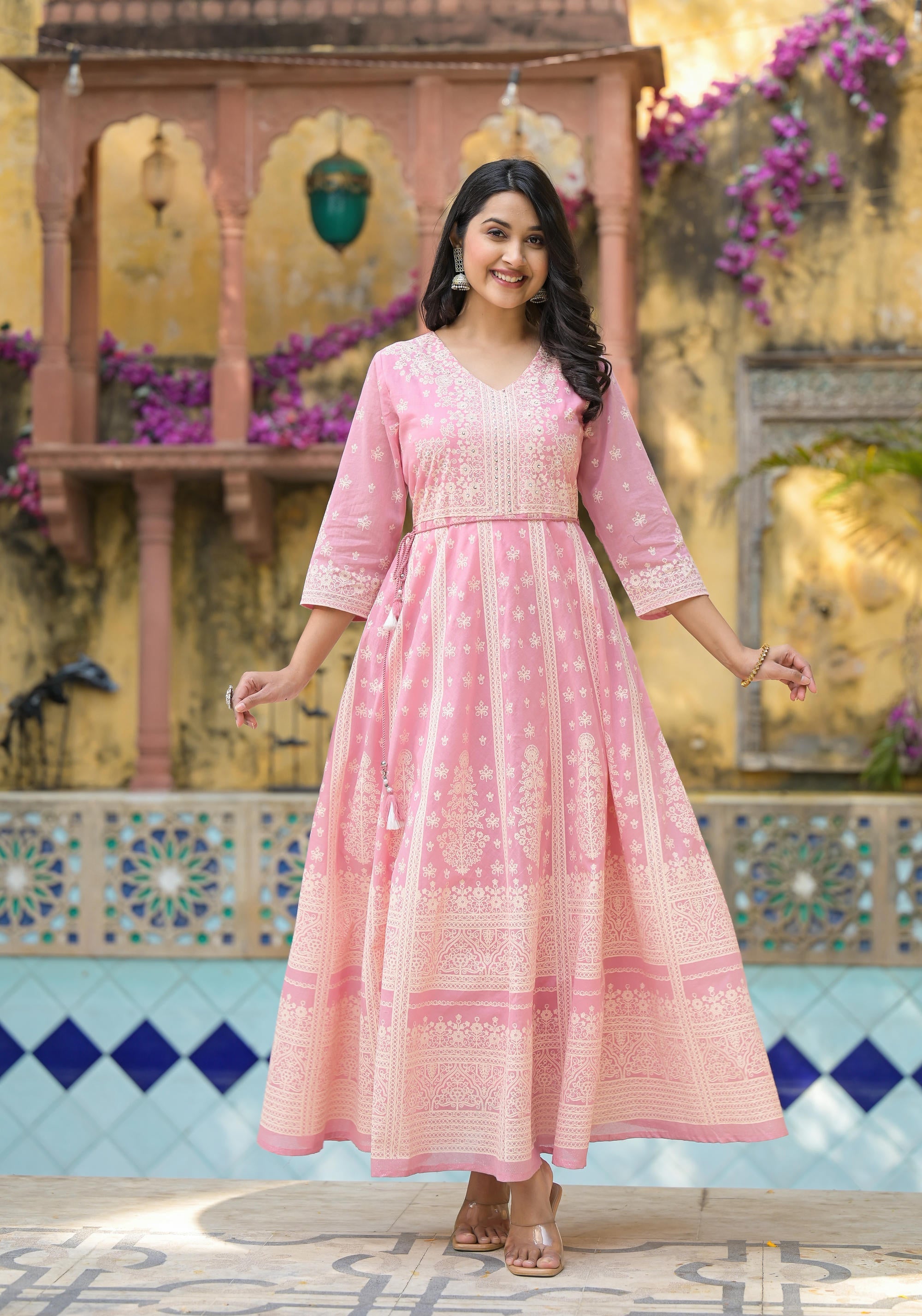 Juniper Onion Pink Anarkali Dress with Intricate White Print - Distacart