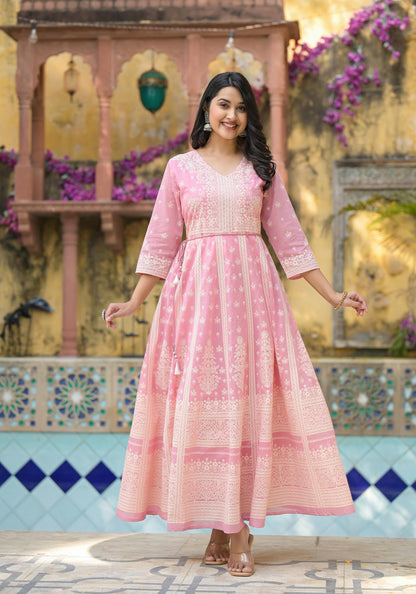 Juniper Onion Pink Anarkali Dress with Intricate White Print - Distacart