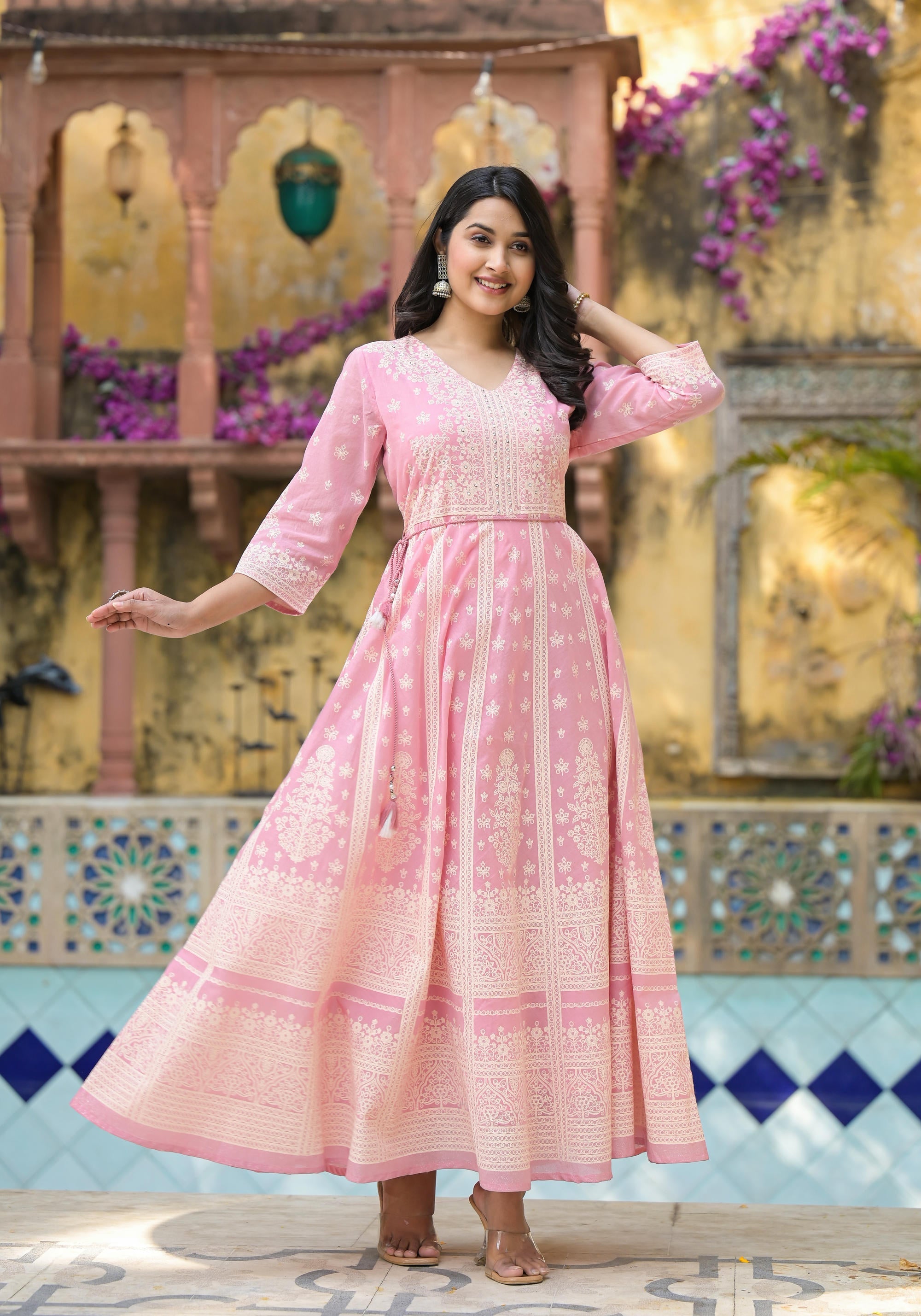 Juniper Onion Pink Anarkali Dress with Intricate White Print - Distacart