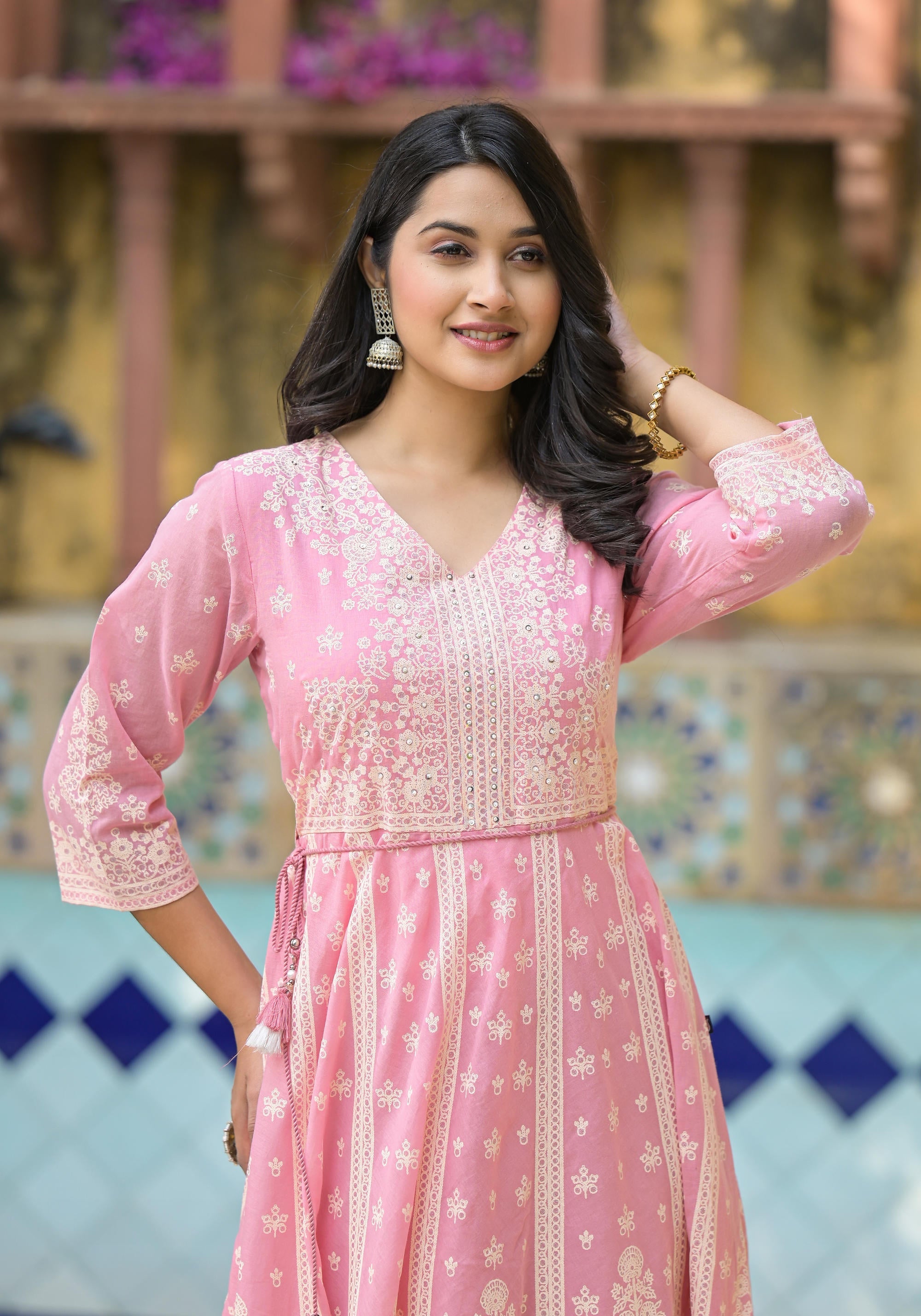 Juniper Onion Pink Anarkali Dress With Intricate White Print