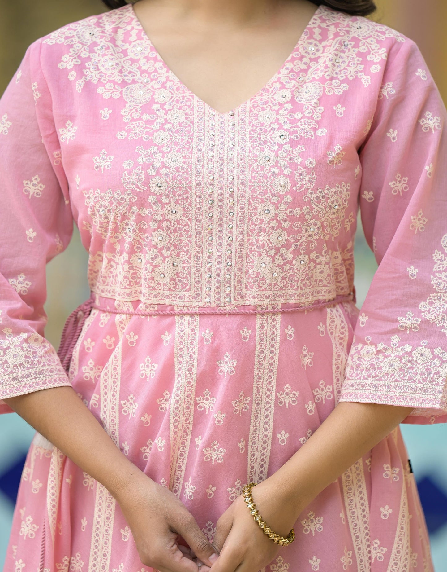 Juniper Onion Pink Anarkali Dress with Intricate White Print - Distacart