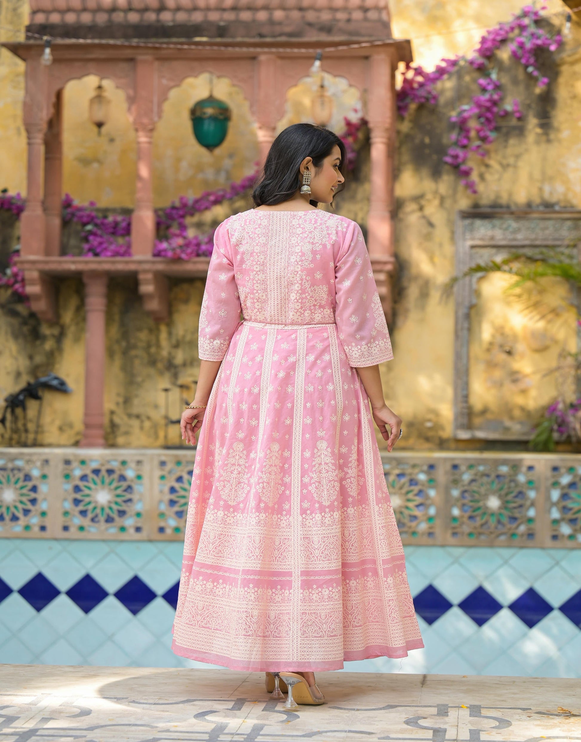 Juniper Onion Pink Anarkali Dress with Intricate White Print - Distacart
