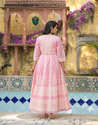 Juniper Onion Pink Anarkali Dress with Intricate White Print - Distacart