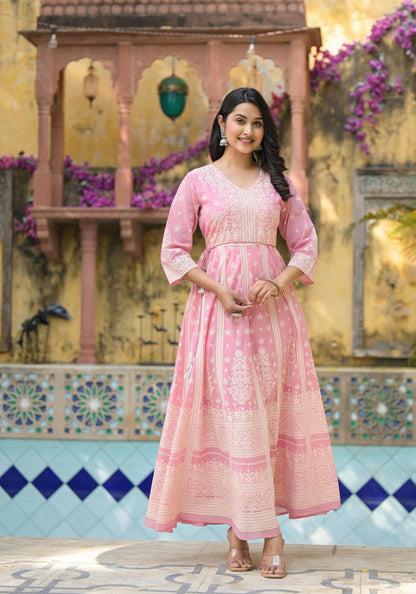 Juniper Onion Pink Anarkali Dress with Intricate White Print - Distacart