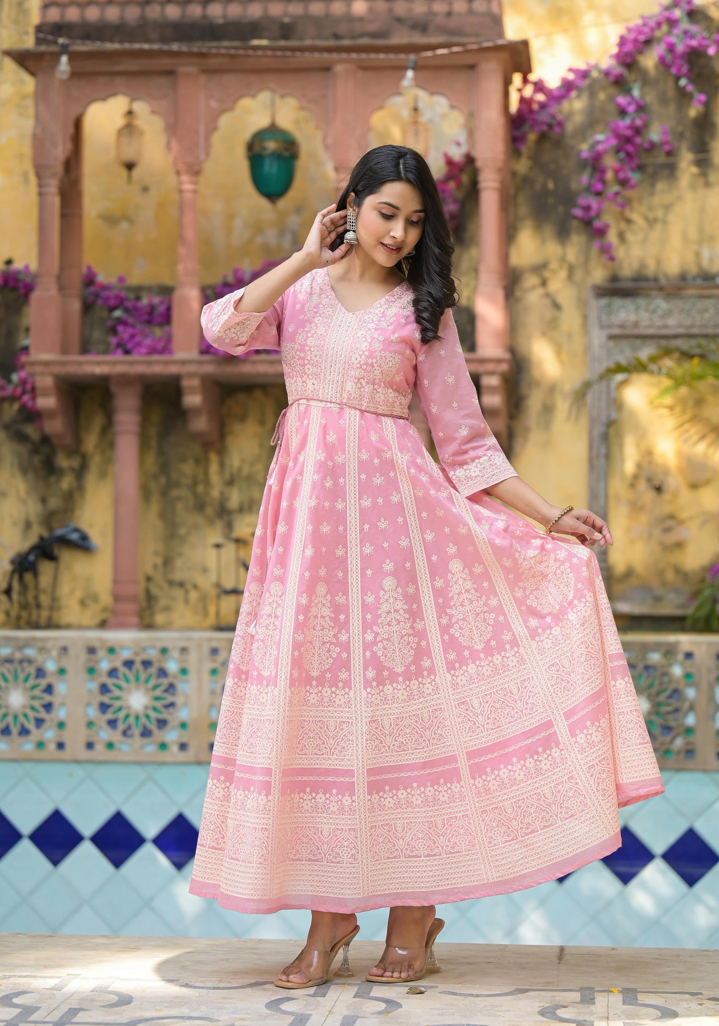 Juniper Onion Pink Anarkali Dress with Intricate White Print - Distacart