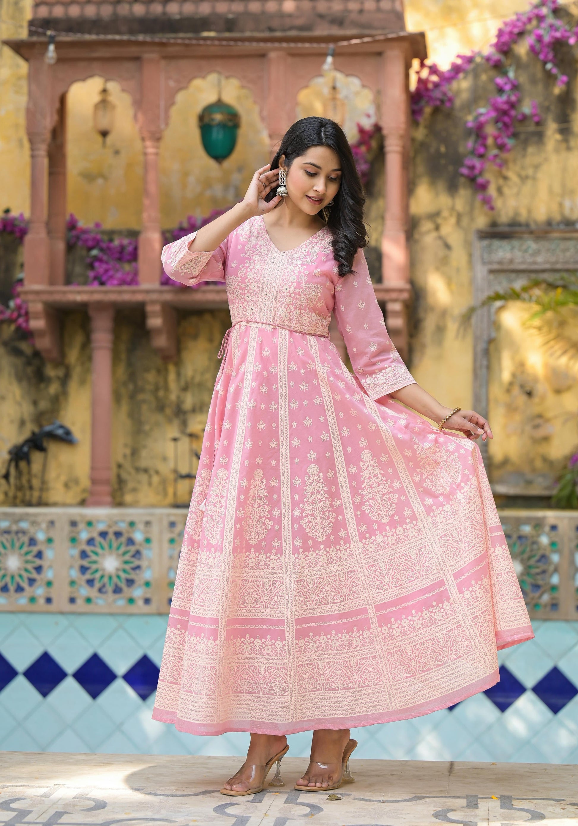 Juniper Onion Pink Anarkali Dress with Intricate White Print - Distacart