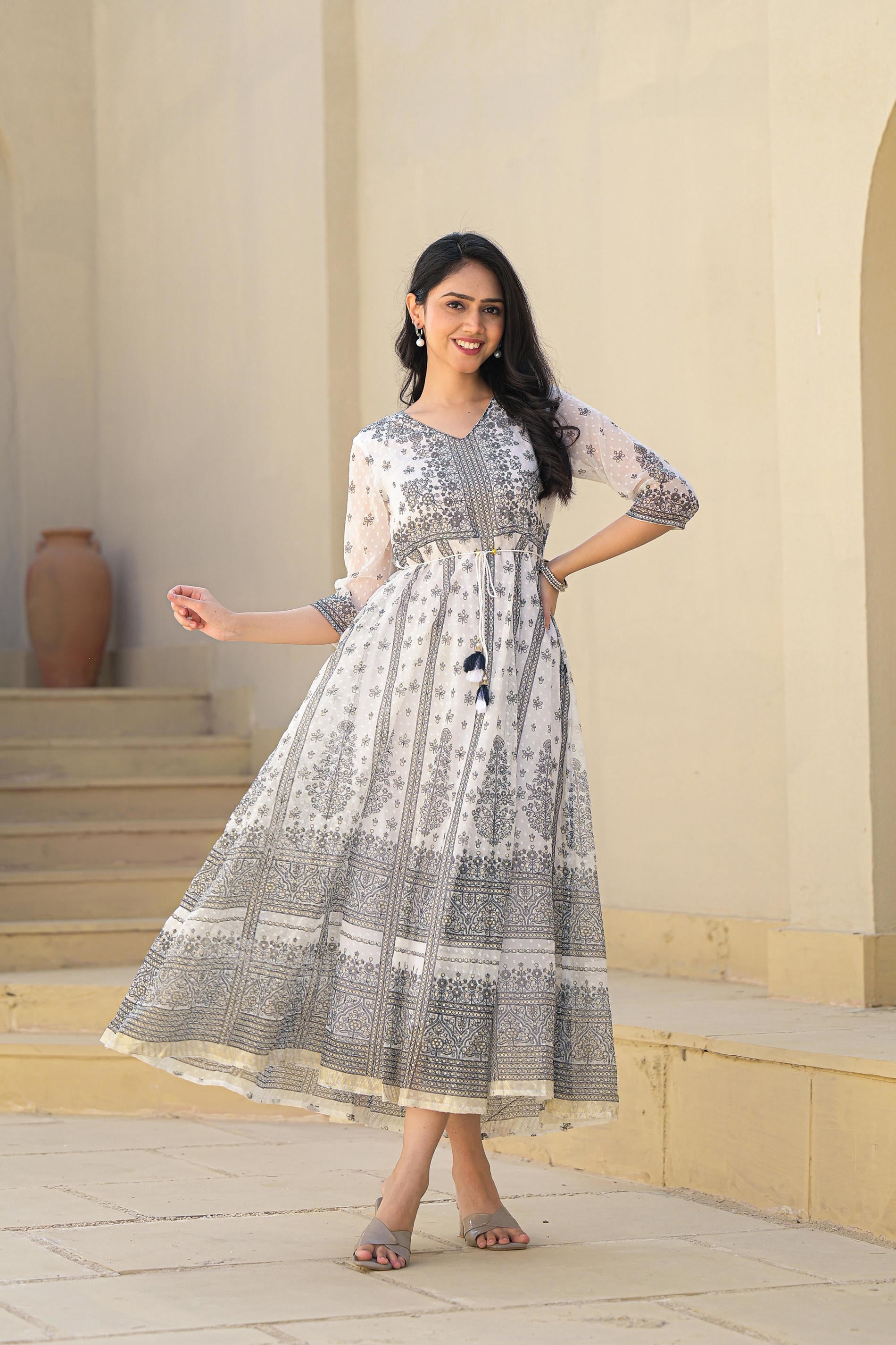 Juniper White Ethnic Motif Printed Chiffon Long Dress With Dori