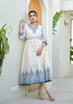Thumbnail for Juniper Serene Ivory Indigo Mughal Motif Cotton Midi Dress - Distacart