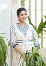 Thumbnail for Juniper Serene Ivory Indigo Mughal Motif Cotton Midi Dress - Distacart