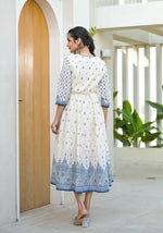 Thumbnail for Juniper Serene Ivory Indigo Mughal Motif Cotton Midi Dress - Distacart