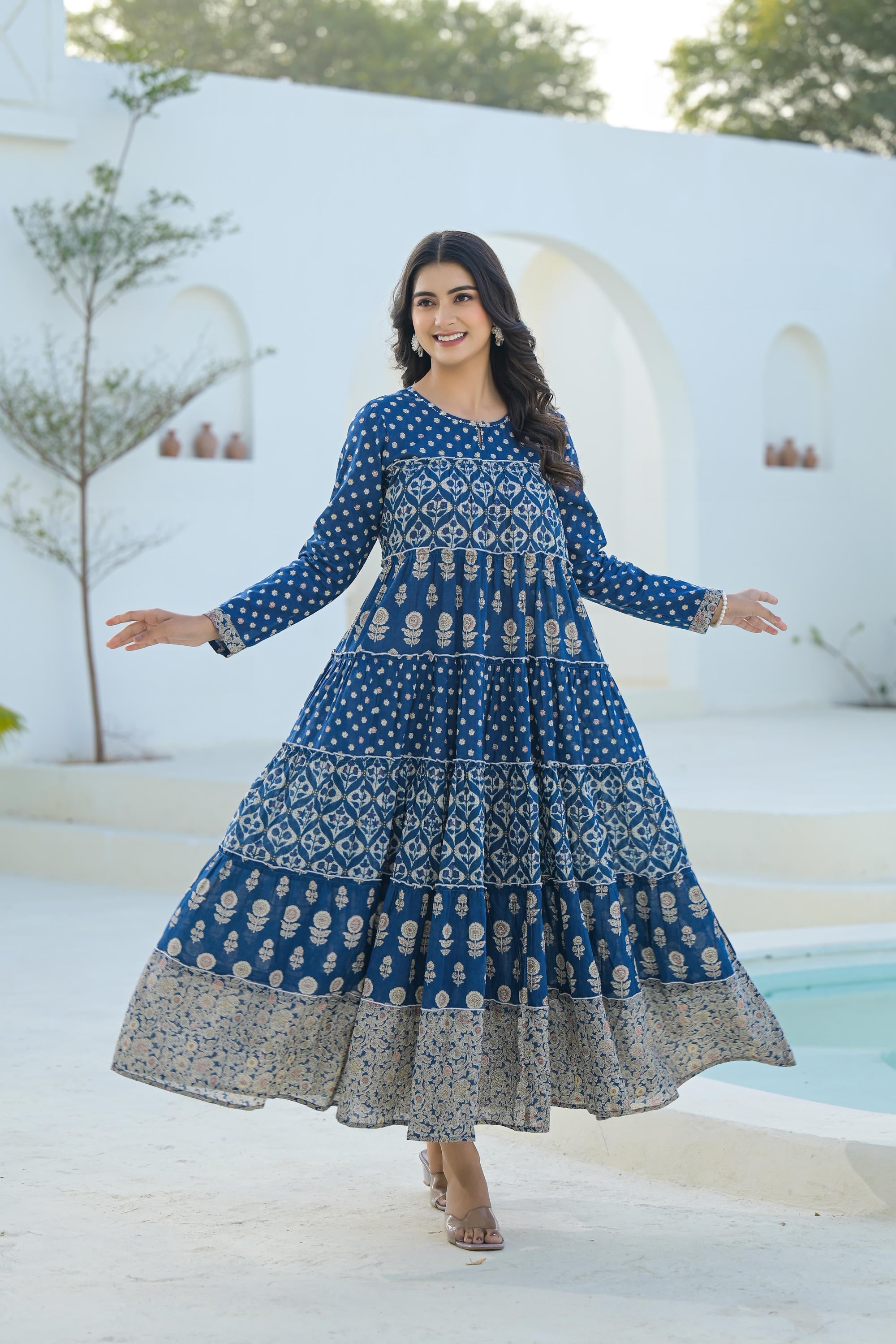 Juniper Indigo Ethnic Motif Printed Cotton Long Dress With Sequins & Thread Work - Distacart