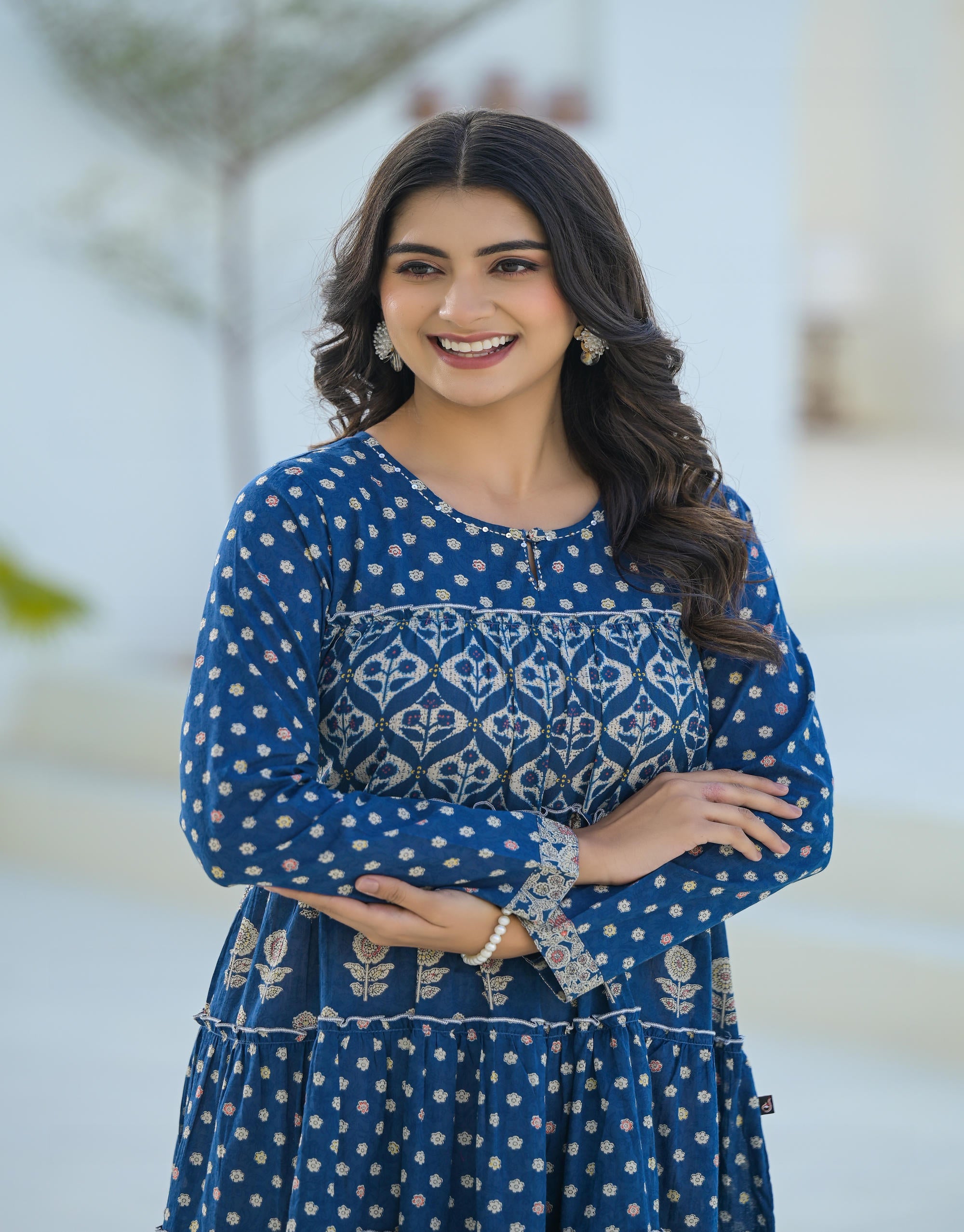 Juniper Indigo Ethnic Motif Printed Cotton Long Dress With Sequins & Thread Work - Distacart