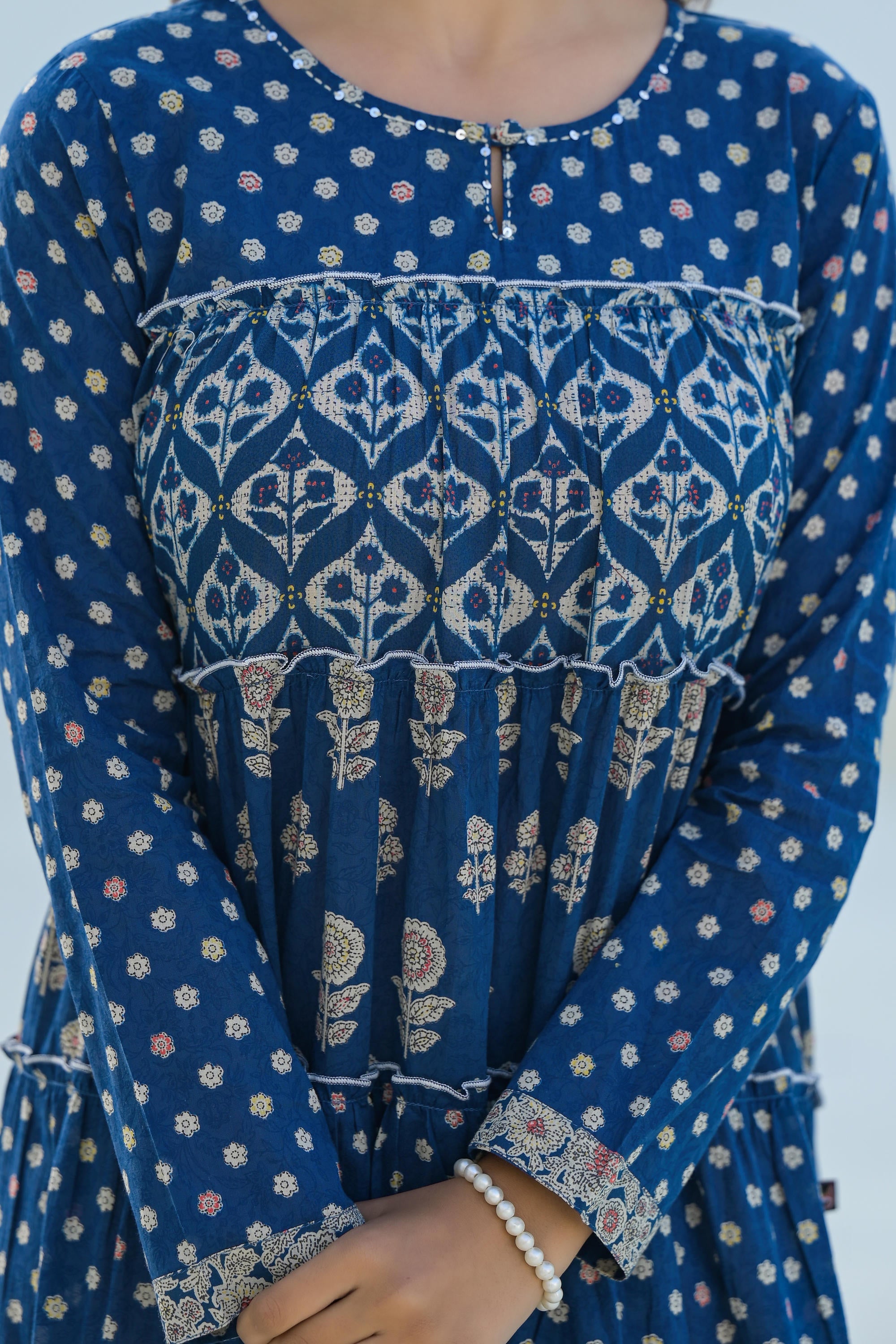 Juniper Indigo Ethnic Motif Printed Cotton Long Dress With Sequins & Thread Work - Distacart