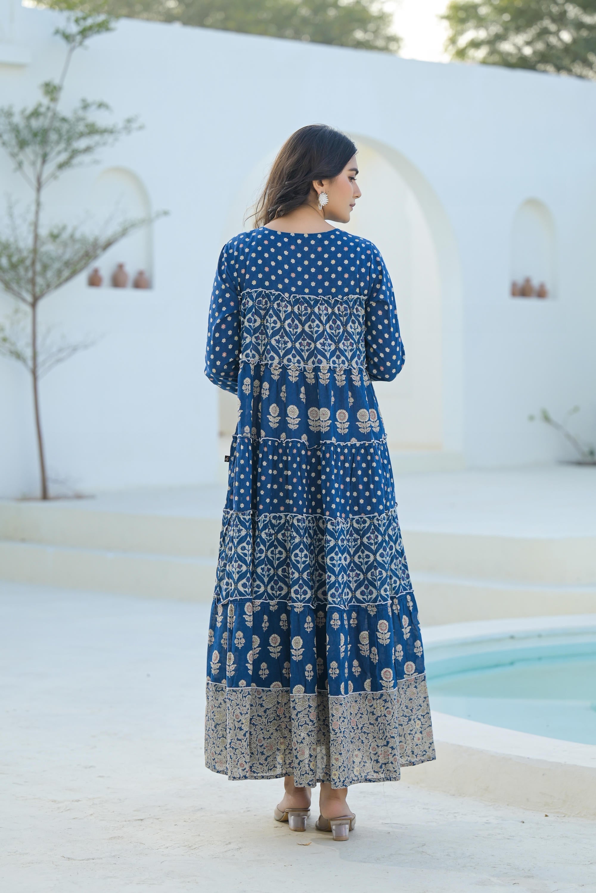 Juniper Indigo Ethnic Motif Printed Cotton Long Dress With Sequins & Thread Work - Distacart