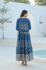 Thumbnail for Juniper Indigo Ethnic Motif Printed Cotton Long Dress With Sequins & Thread Work - Distacart