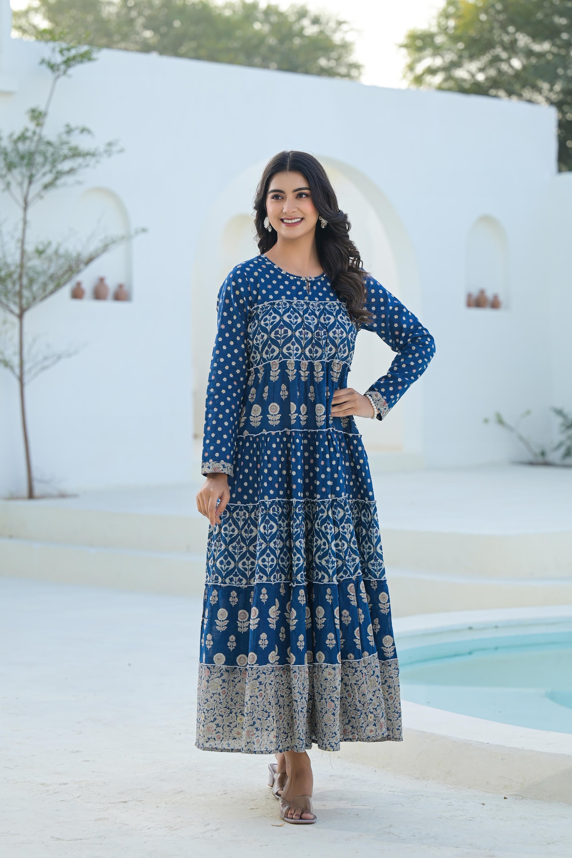 Juniper Indigo Ethnic Motif Printed Cotton Long Dress With Sequins & Thread Work - Distacart