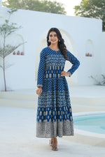 Thumbnail for Juniper Indigo Ethnic Motif Printed Cotton Long Dress With Sequins & Thread Work - Distacart