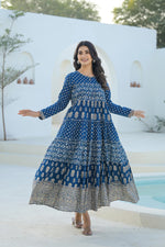 Thumbnail for Juniper Indigo Ethnic Motif Printed Cotton Long Dress With Sequins & Thread Work - Distacart