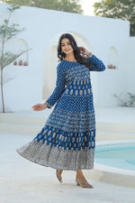 Thumbnail for Juniper Indigo Ethnic Motif Printed Cotton Long Dress With Sequins & Thread Work - Distacart