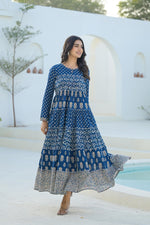 Thumbnail for Juniper Indigo Ethnic Motif Printed Cotton Long Dress With Sequins & Thread Work - Distacart