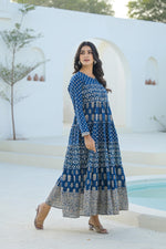 Thumbnail for Juniper Indigo Ethnic Motif Printed Cotton Long Dress With Sequins & Thread Work - Distacart