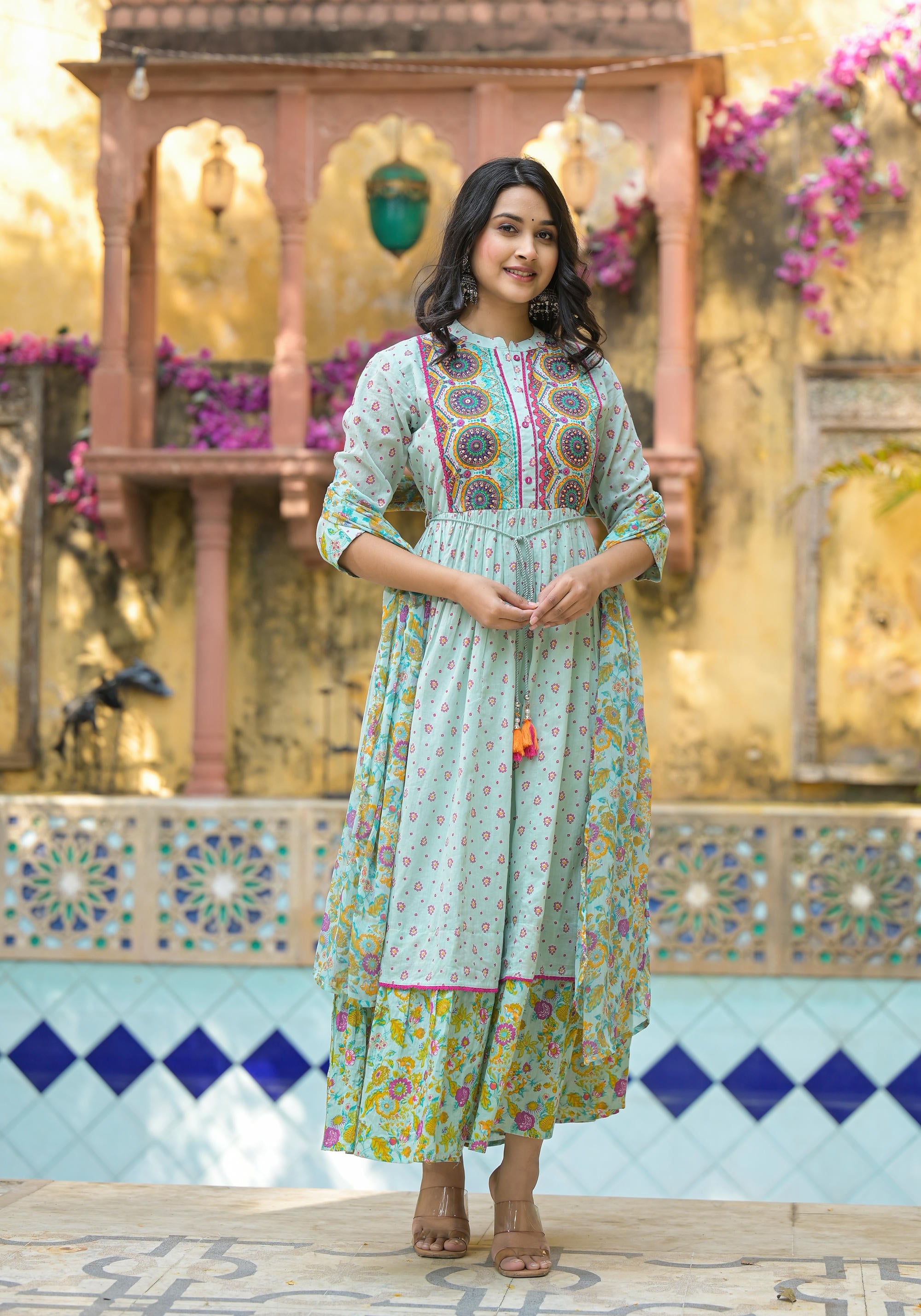 Juniper Mint Green Floral Long Dress With Dupatta - Distacart