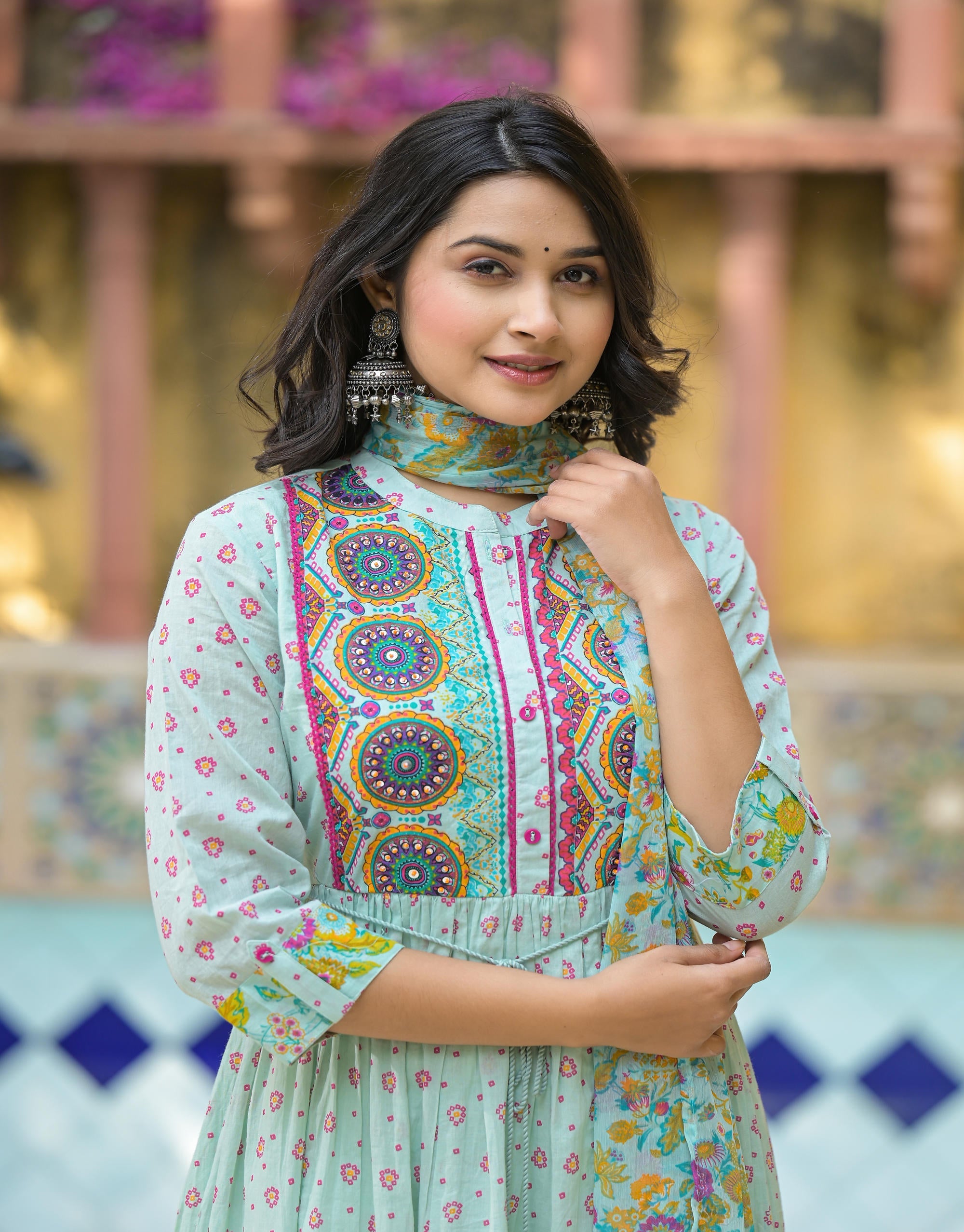 Juniper Mint Green Floral Long Dress With Dupatta - Distacart