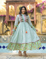 Thumbnail for Juniper Mint Green Floral Long Dress With Dupatta - Distacart