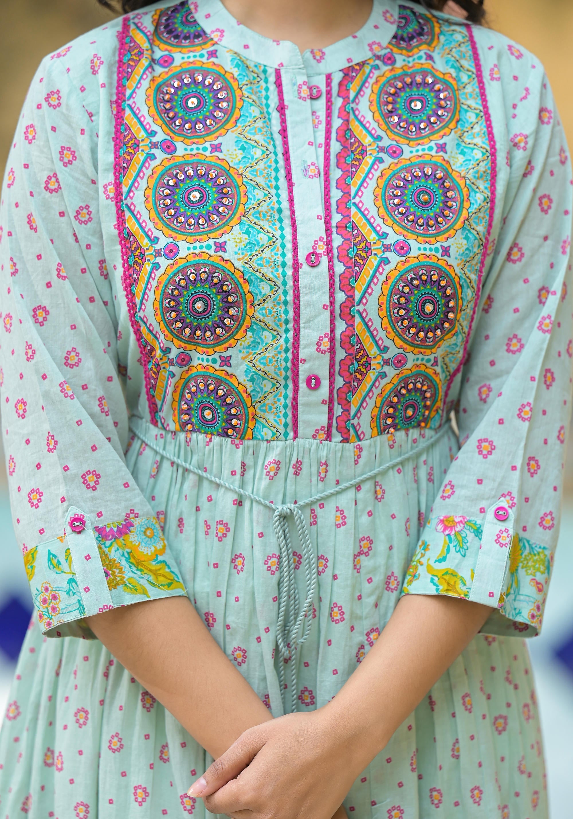 Juniper Mint Green Floral Long Dress With Dupatta - Distacart