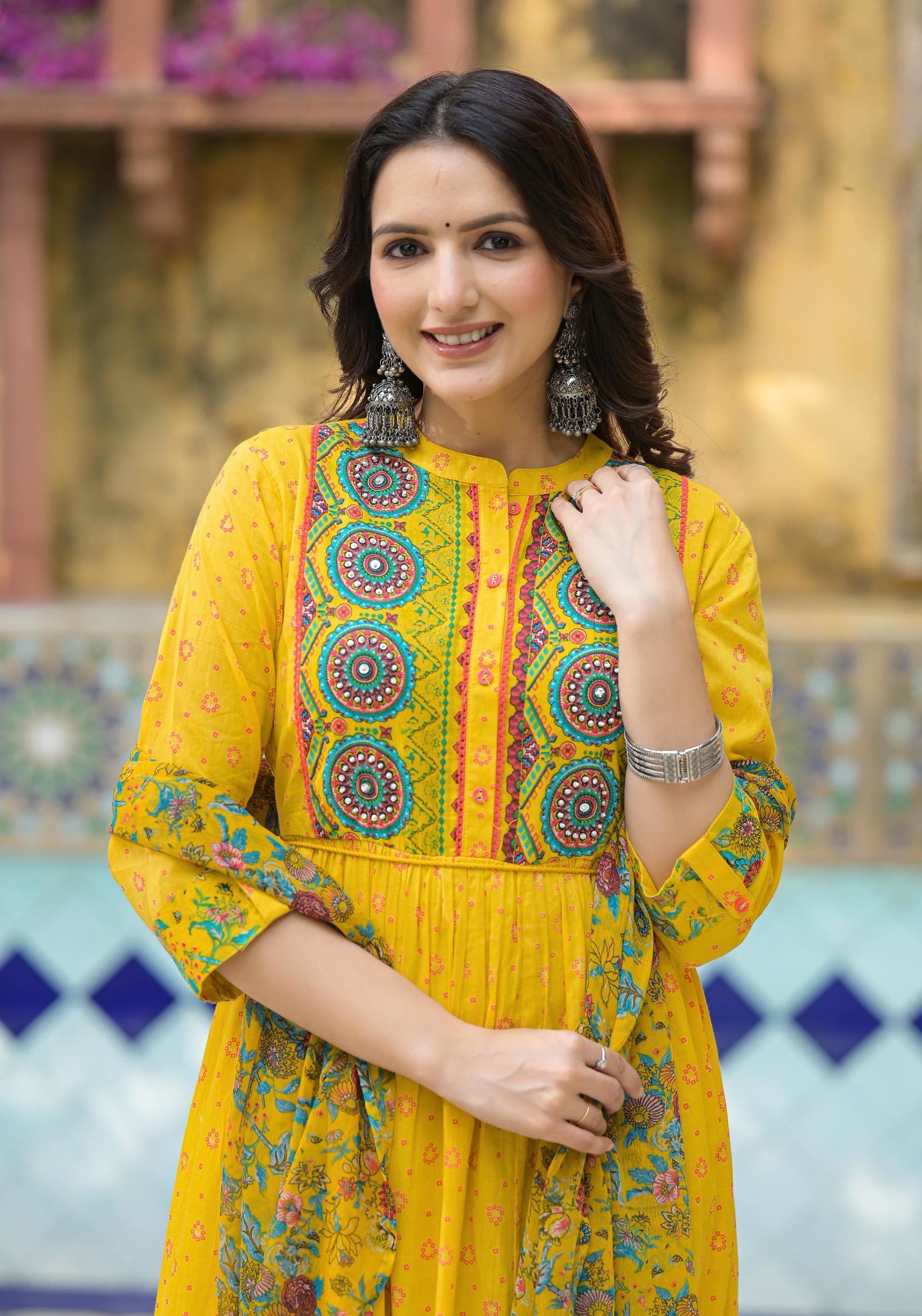Juniper Mustard Floral Long Dress With Dupatta