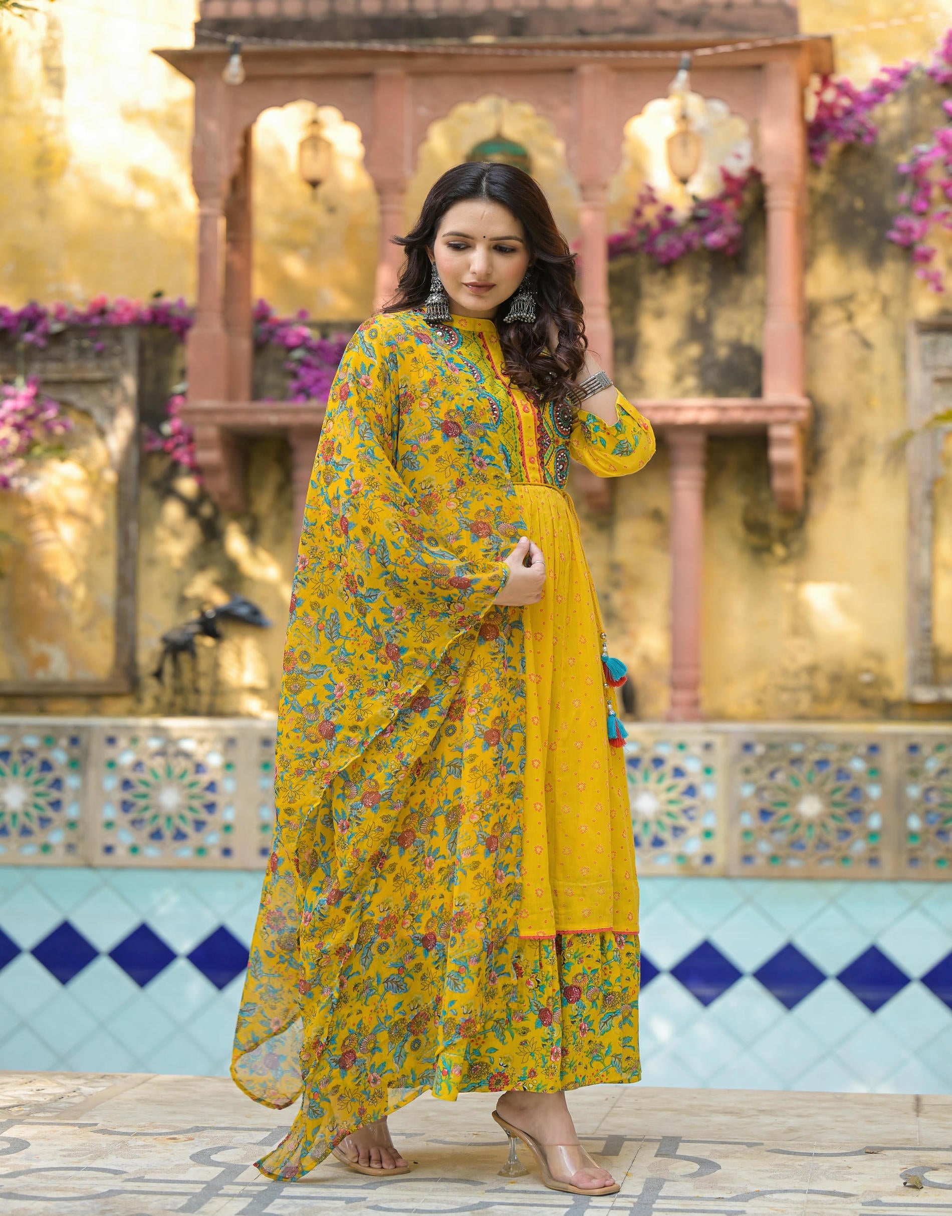 Juniper Mustard Floral Long Dress With Dupatta