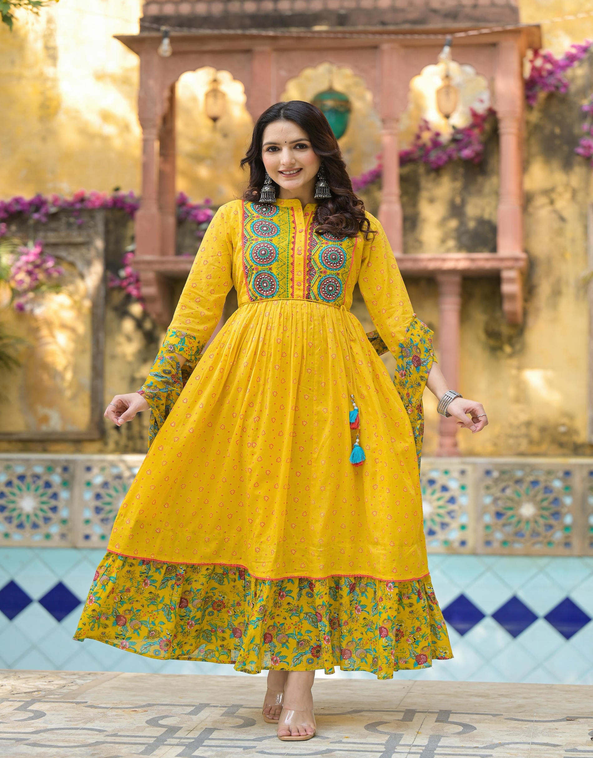 Juniper Mustard Floral Long Dress With Dupatta