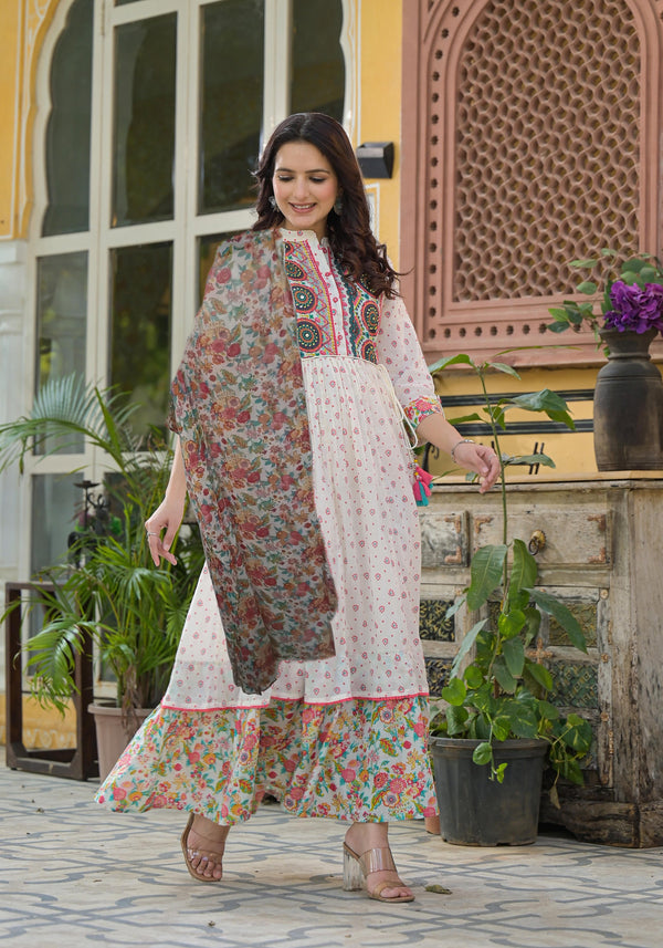 Juniper Off White Floral Long Dress With Dupatta - Distacart