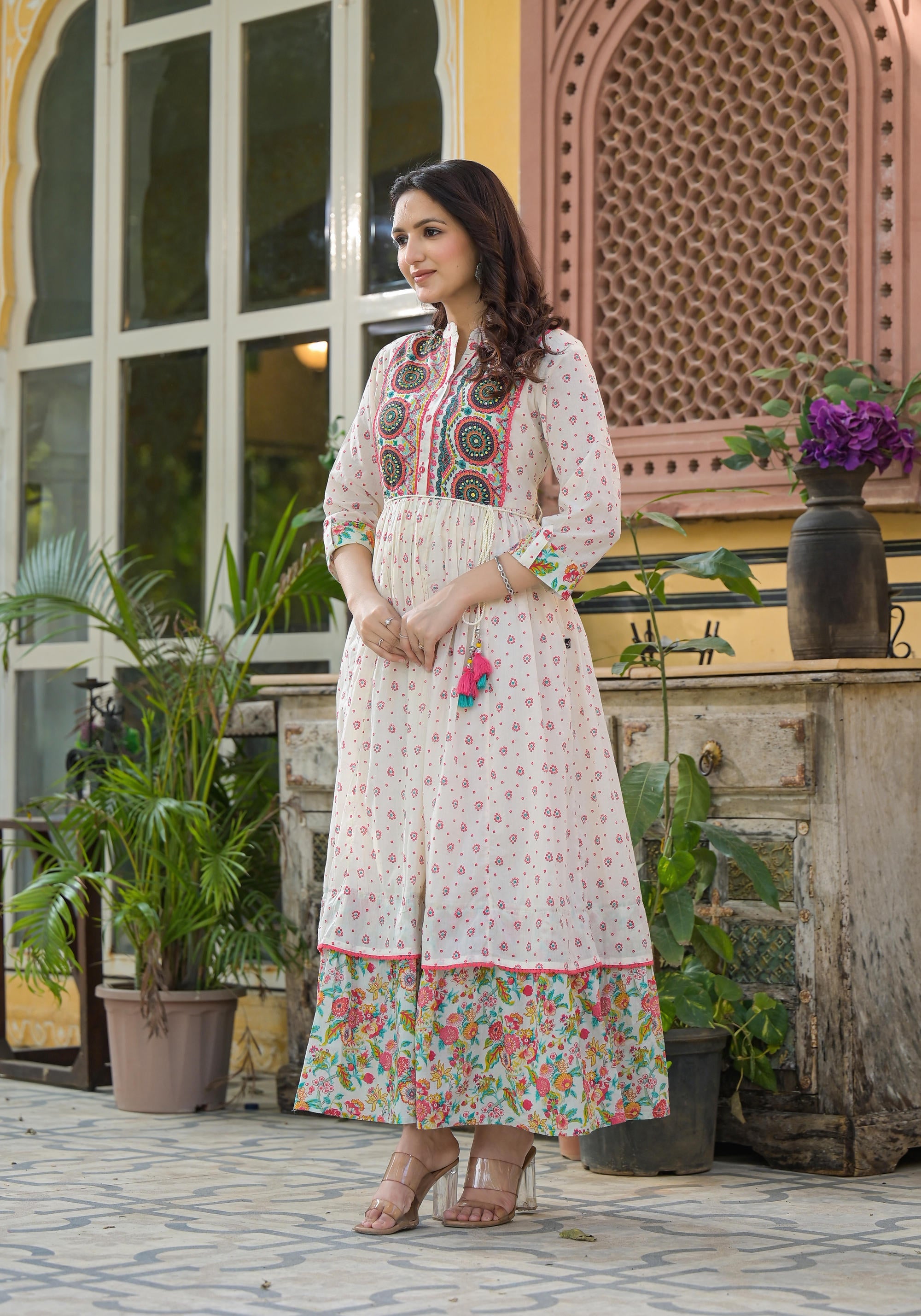 Juniper Off White Floral Long Dress With Dupatta - Distacart