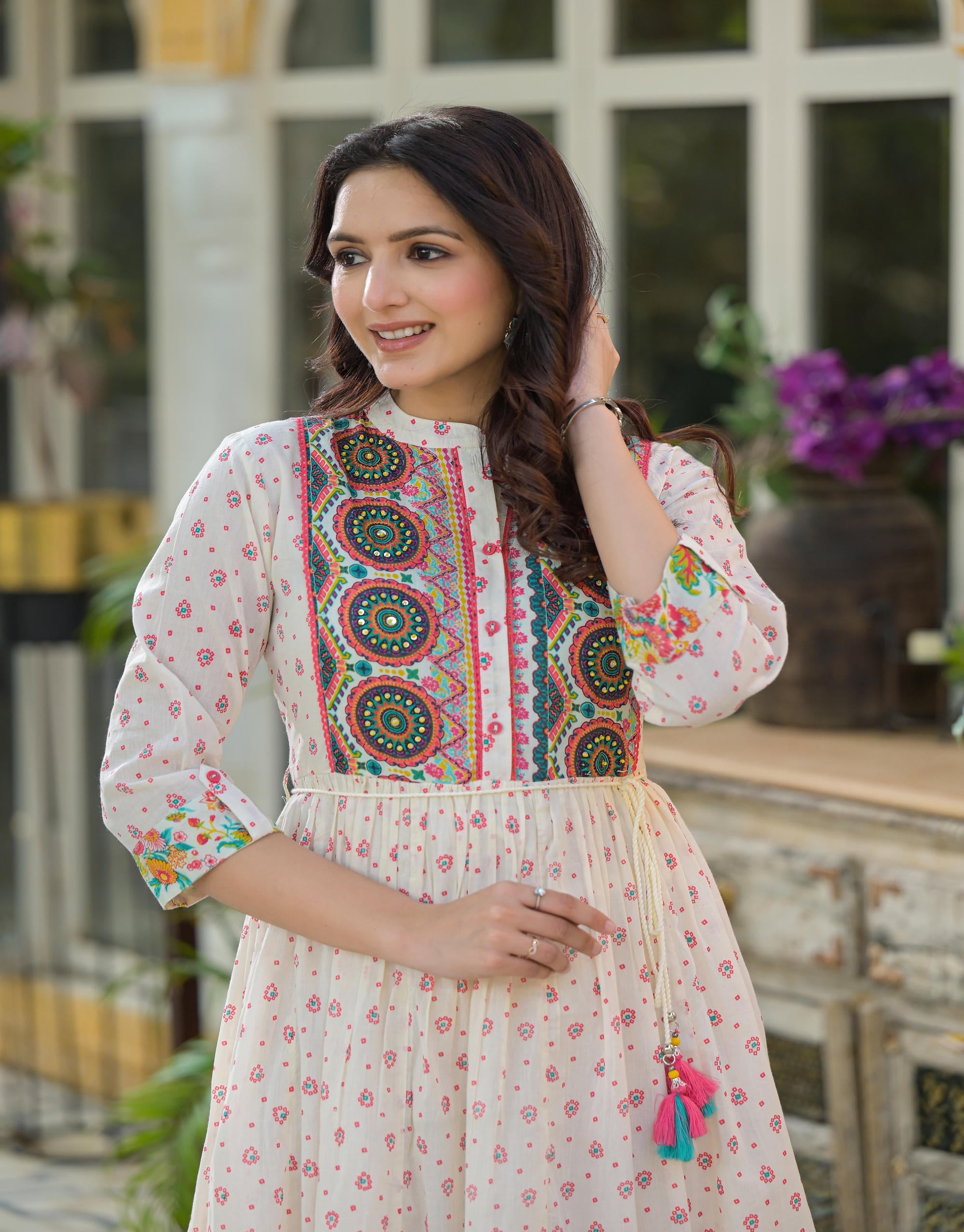 Juniper Off White Floral Long Dress With Dupatta - Distacart