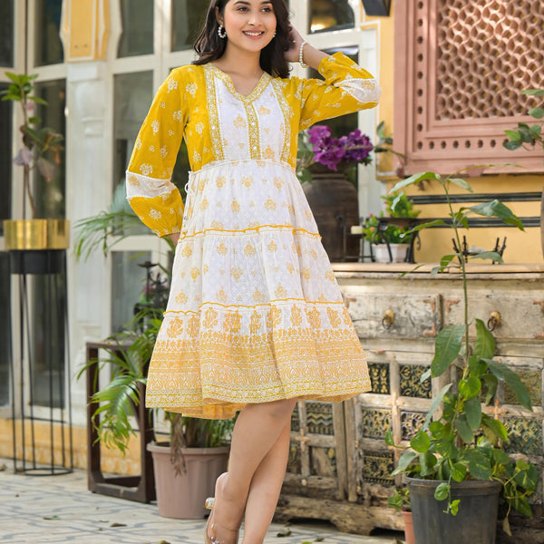 Juniper Mustard Ethnic Motif Printed Cotton Short Dress With Mirror Work & Lace