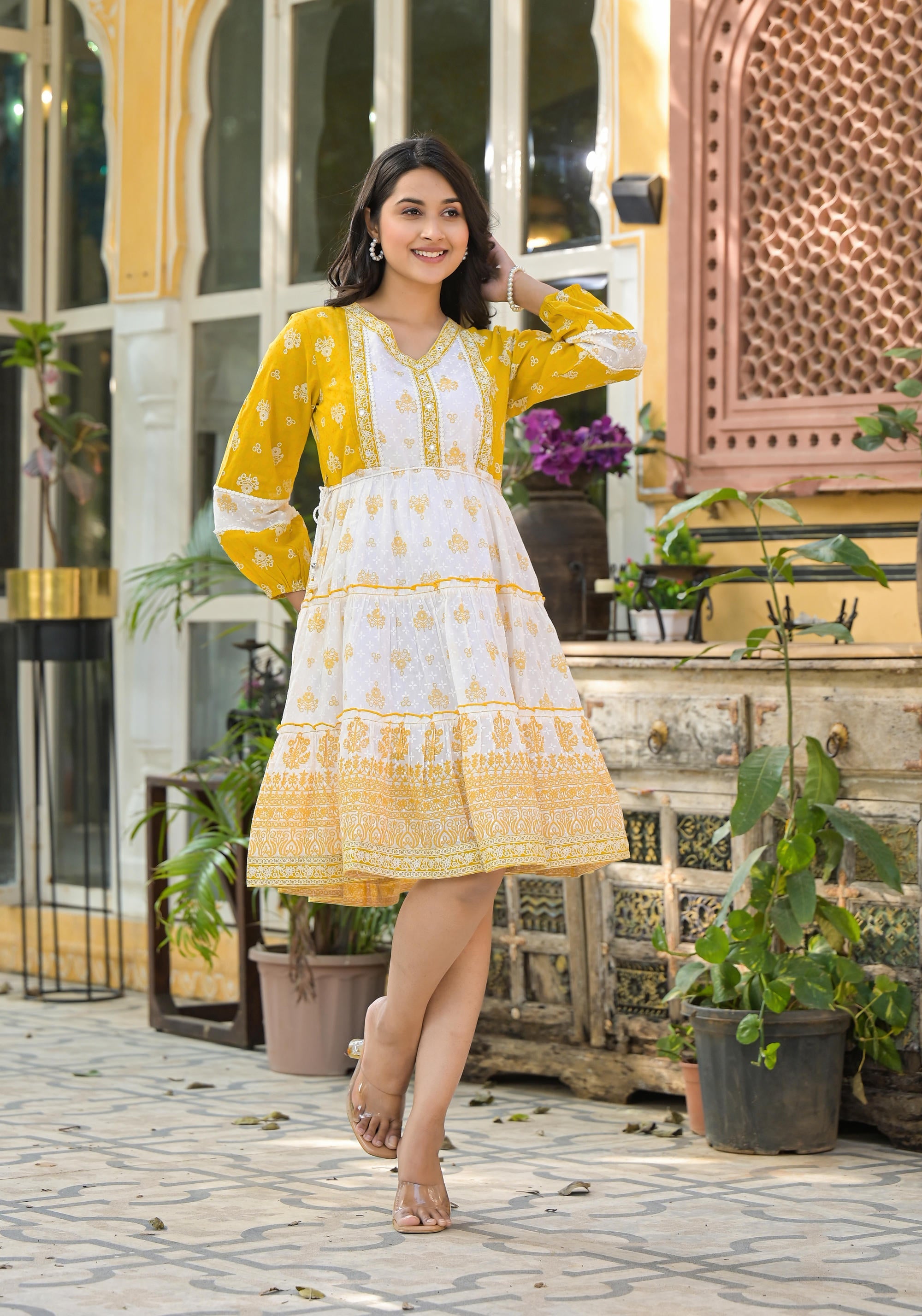 Juniper Mustard Ethnic Motif Printed Cotton Short Dress With Mirror Work & Lace