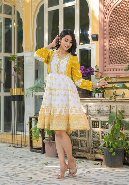 Juniper Mustard Ethnic Motif Printed Cotton Short Dress With Mirror Work & Lace - Distacart
