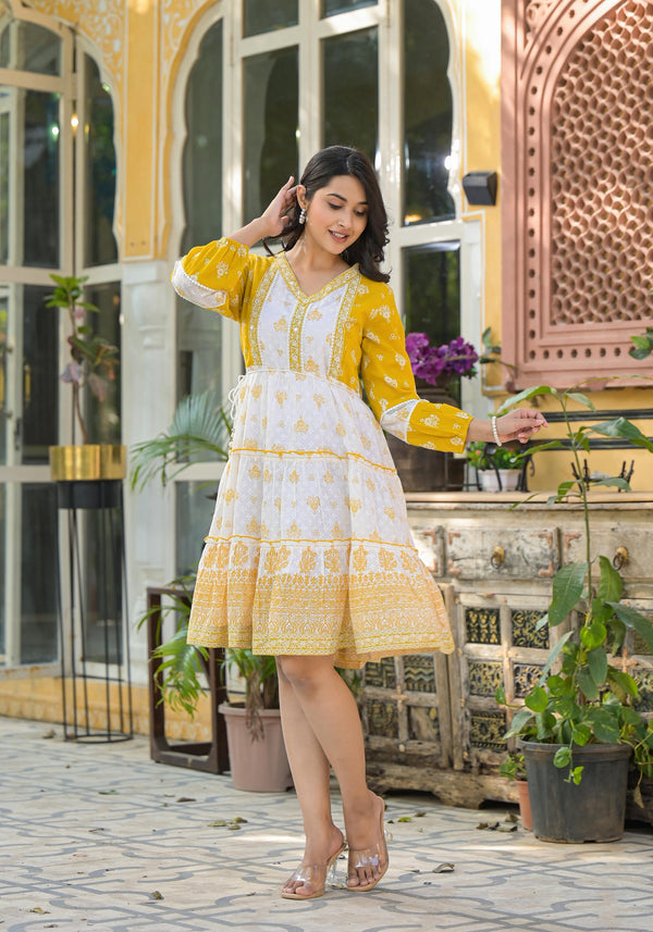 Juniper Mustard Ethnic Motif Printed Cotton Short Dress With Mirror Work & Lace - Distacart