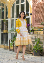 Thumbnail for Juniper Mustard Ethnic Motif Printed Cotton Short Dress With Mirror Work & Lace - Distacart