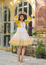 Thumbnail for Juniper Mustard Ethnic Motif Printed Cotton Short Dress With Mirror Work & Lace