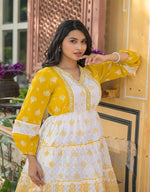 Thumbnail for Juniper Mustard Ethnic Motif Printed Cotton Short Dress With Mirror Work & Lace - Distacart