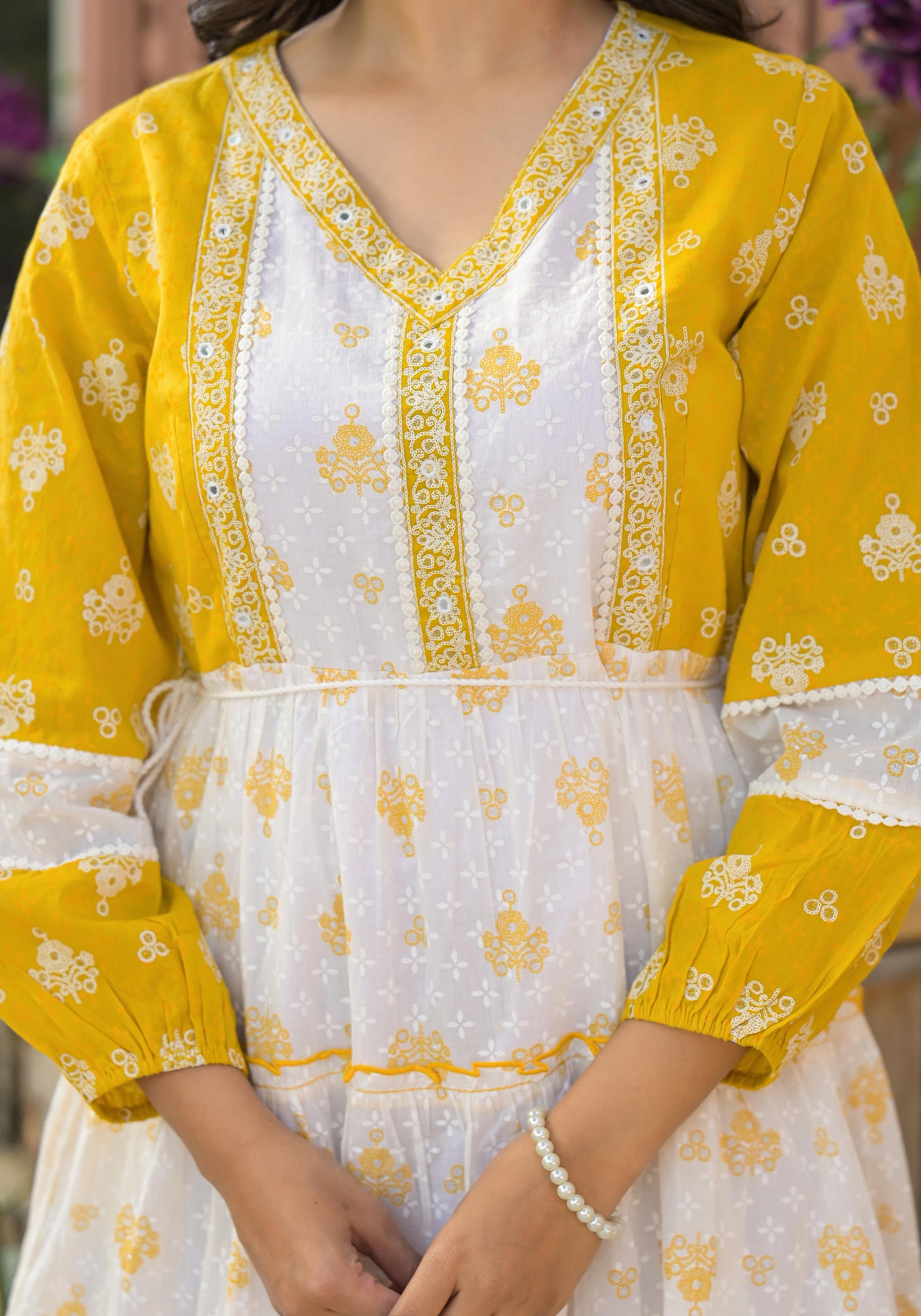 Juniper Mustard Ethnic Motif Printed Cotton Short Dress With Mirror Work & Lace - Distacart