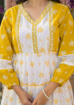 Thumbnail for Juniper Mustard Ethnic Motif Printed Cotton Short Dress With Mirror Work & Lace - Distacart