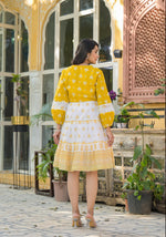 Thumbnail for Juniper Mustard Ethnic Motif Printed Cotton Short Dress With Mirror Work & Lace - Distacart