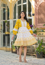 Thumbnail for Juniper Mustard Ethnic Motif Printed Cotton Short Dress With Mirror Work & Lace - Distacart