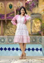Thumbnail for Juniper Onion Pink Ethnic Motif Printed Cotton Short Dress With Mirror Work & Lace - Distacart