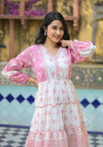 Thumbnail for Juniper Onion Pink Ethnic Motif Printed Cotton Short Dress With Mirror Work & Lace - Distacart