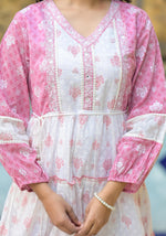 Thumbnail for Juniper Onion Pink Ethnic Motif Printed Cotton Short Dress With Mirror Work & Lace - Distacart